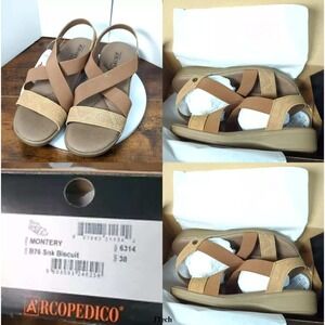 Arcopedico Montery Sandals Women 7 Beige Snake Open Toe Flat Travel NWB Portugal